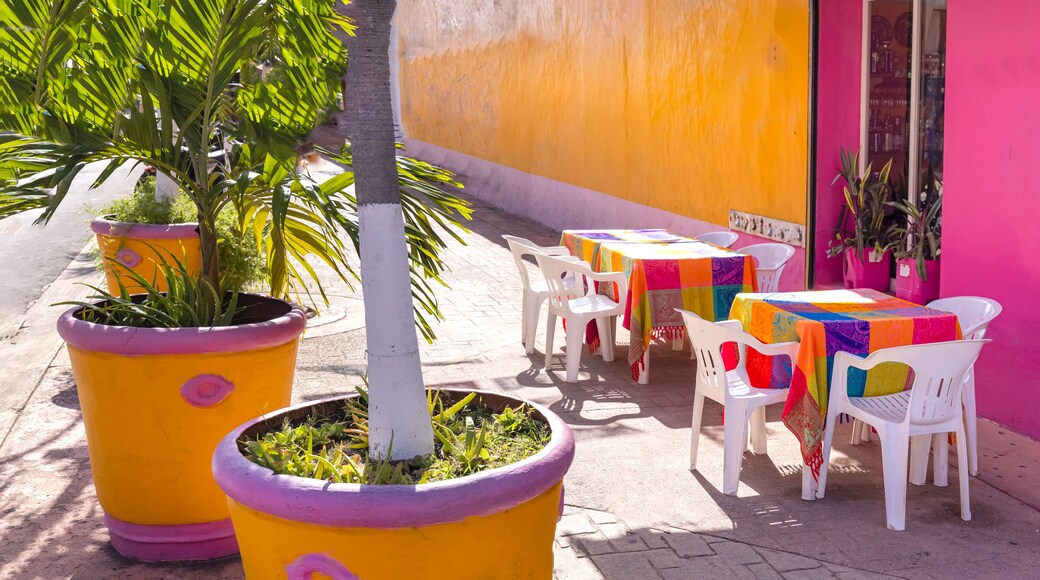 Cozumel near Cancun, Mexico, colorful houses and colonial center and tourism shopping district.