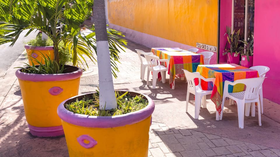Cozumel near Cancun, Mexico, colorful houses and colonial center and tourism shopping district.