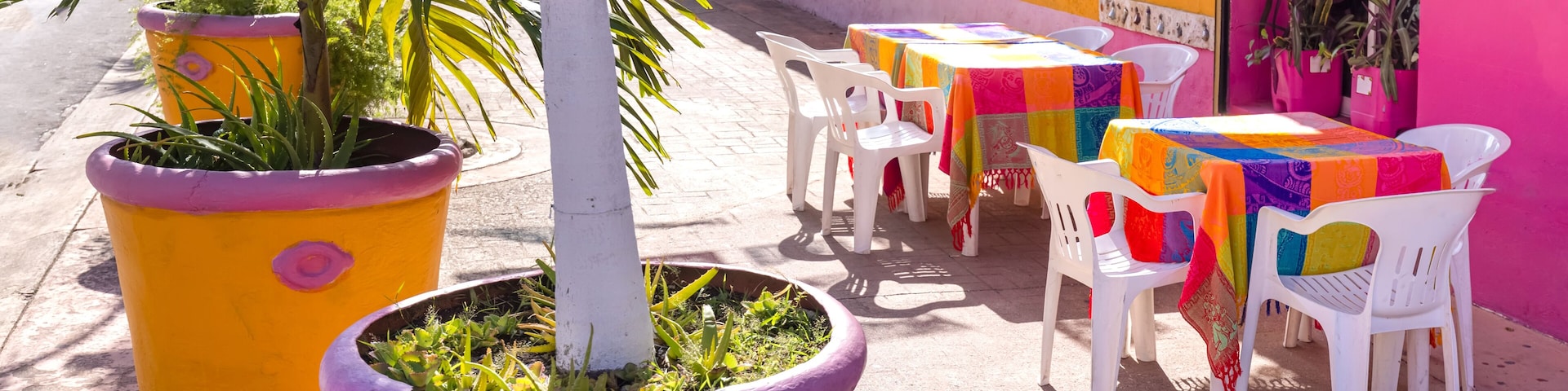 Cozumel near Cancun, Mexico, colorful houses and colonial center and tourism shopping district.