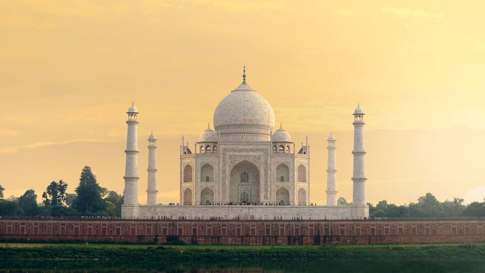 Taj Mahal mausoleum back view from Mehtab Bagh, Agra, Uttar Pradesh state, India
