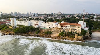 Aerial view of Osu castle and coastline, Accra, Ghana.