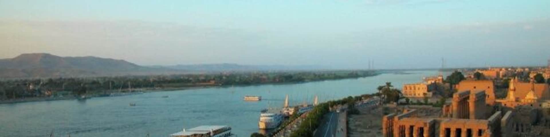 High angle view of a city on the banks of a river, Nile River, Luxor, Egypt