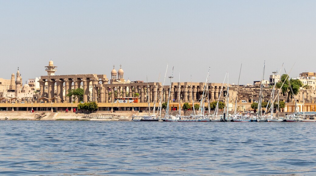 Luxor Temple is a large Ancient Egyptian temple complex on east bank of Nile river in Luxor. View from Nile river