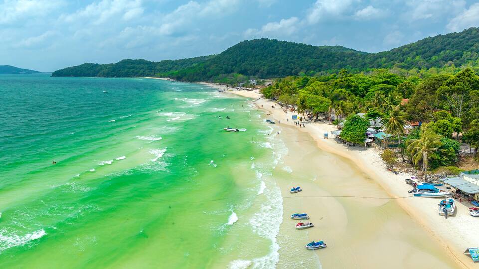 Aerial view of Phu Quoc Island Coastal Scenery (Khem Beach), Vietnam. Emerald Bay, a Popular Tourism Destination for Summer Vacation in Southeast Asia, with Tropical Climate and Beautiful Landscape.