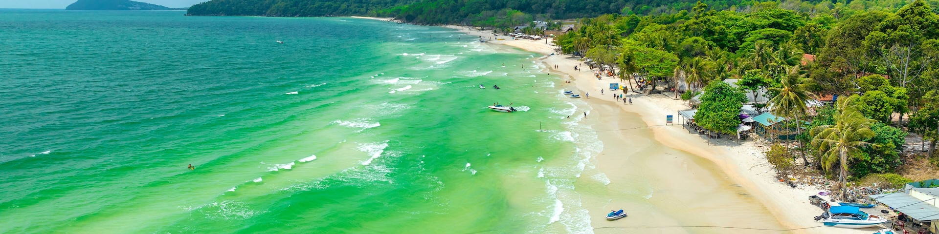 Aerial view of Phu Quoc Island Coastal Scenery (Khem Beach), Vietnam. Emerald Bay, a Popular Tourism Destination for Summer Vacation in Southeast Asia, with Tropical Climate and Beautiful Landscape.