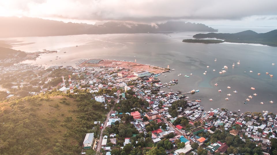 Aerial view of Barangay II, Town Proper of Coron Palawan in the Philippines. It's where tourists book and start their island daily tour package.