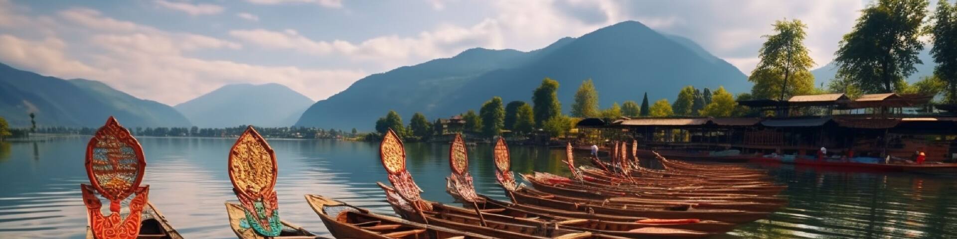 Beautiful view of the colorful Shikara boats floating on Dal Lake, Srinagar, Kashmir, India. .