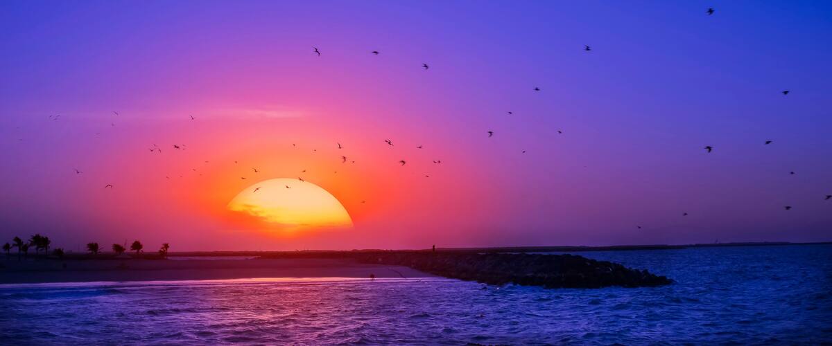 Beautiful sunset at Al Mamzar Beach, Dubai. United Arab Emirates, Middle East