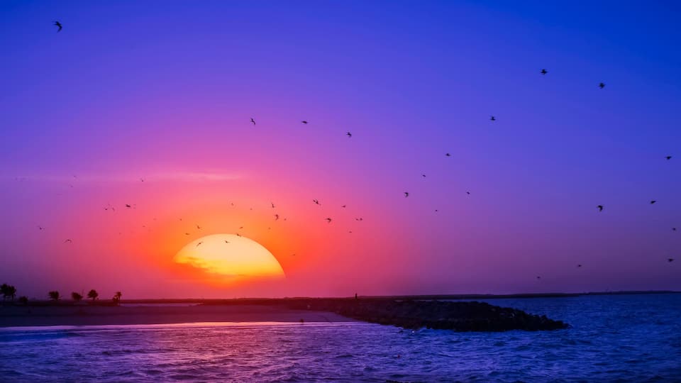 Beautiful sunset at Al Mamzar Beach, Dubai. United Arab Emirates, Middle East
