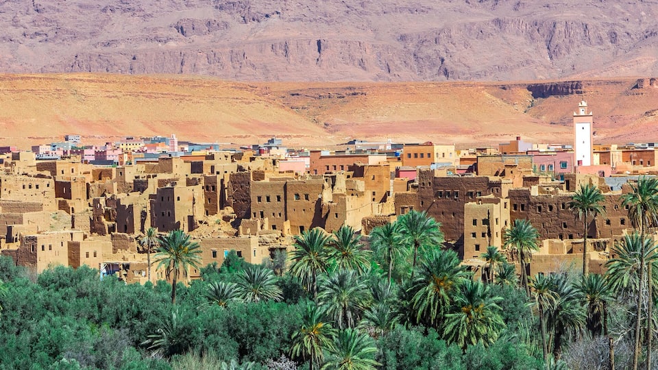 Ait Benhaddou Kasbah, Ait Ben Haddou, Ouarzazate, Morocco. Web banner in panoramic view.