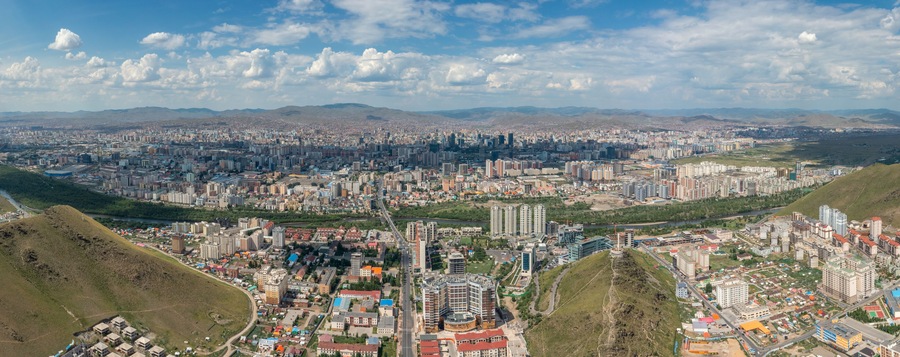 Aerial panorama view of Ulaanbaatar city and Memorial on Zaisan Tolgoi, Mongolia