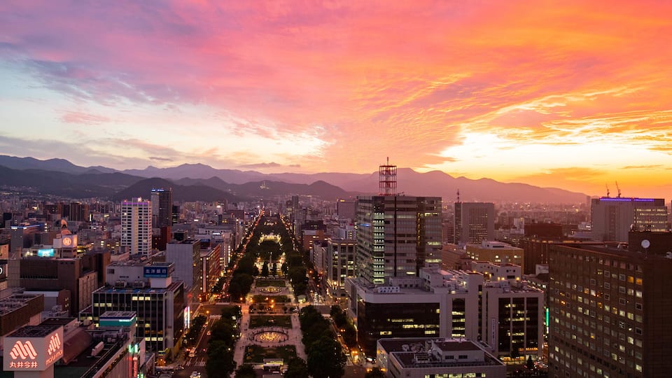 Sapporo showing a city, landscape views and a sunset