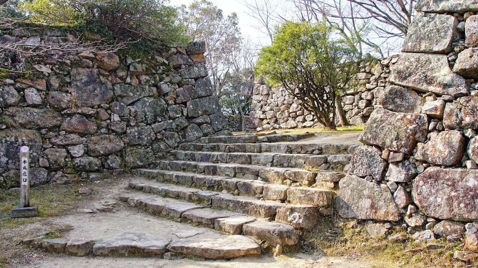 A stone staircase leading up a hill, surrounded by trees and a stone wall.