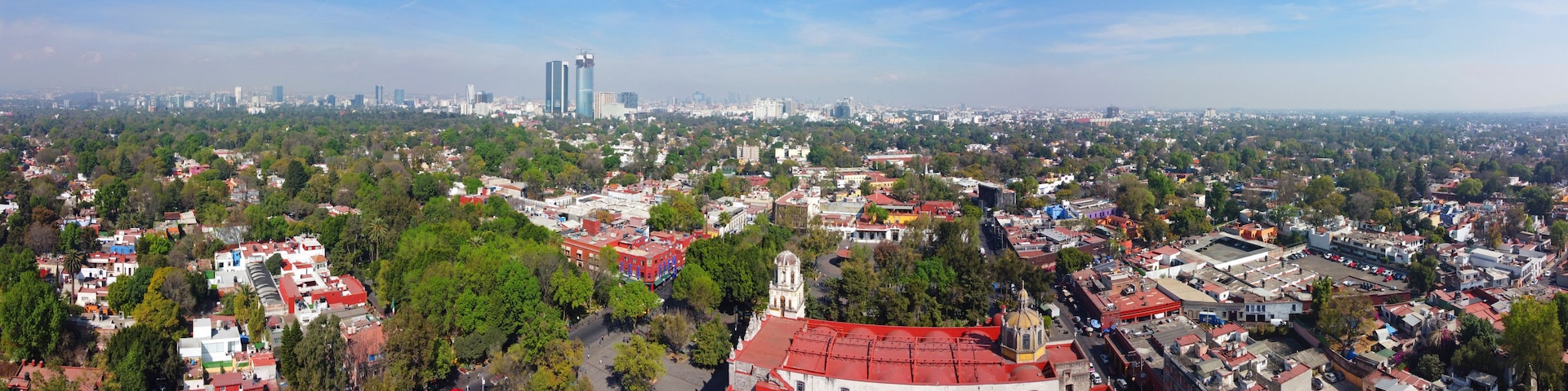 A cityscape with a mix of modern skyscrapers and traditional buildings, surrounded by greenery.