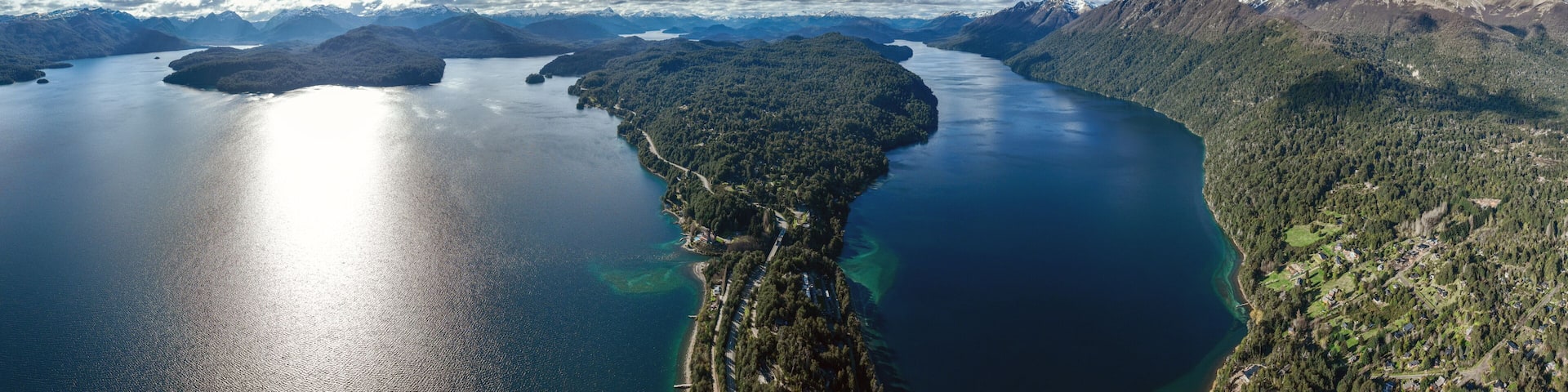 Aerial panorama of Nahuel Huapi, Espejo and Correntoso lakes in Villa La Angostura