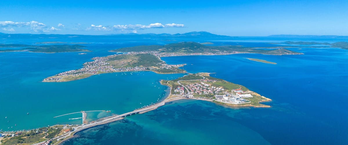 Panoramic Aerial Drone View of Cunda Island and Ayvalik Coastline with Bridges