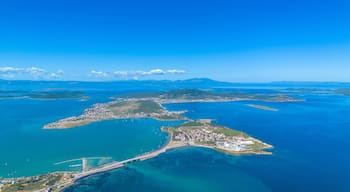 Panoramic Aerial Drone View of Cunda Island and Ayvalik Coastline with Bridges