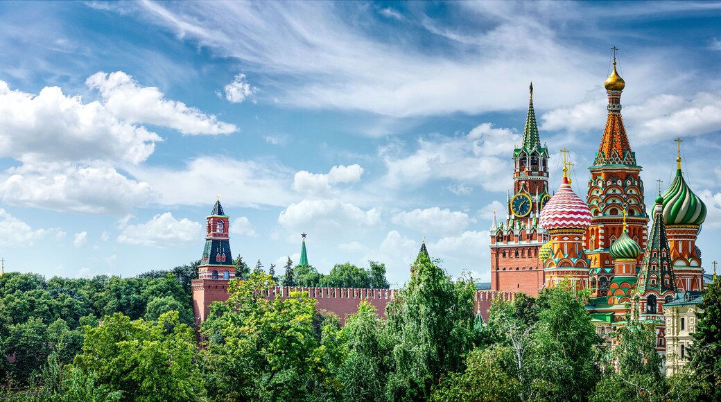Panoramic view of Moscow Kremlin and St Basil's Cathedral, Russia. Moscow. The Red Square., Spasskaya Tower symbol of Moscow and Russia.