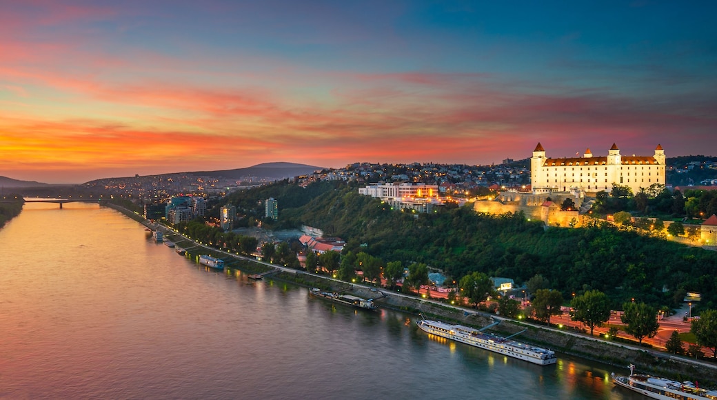View of Danube river and Bratislava castle at sunset, Slovakia