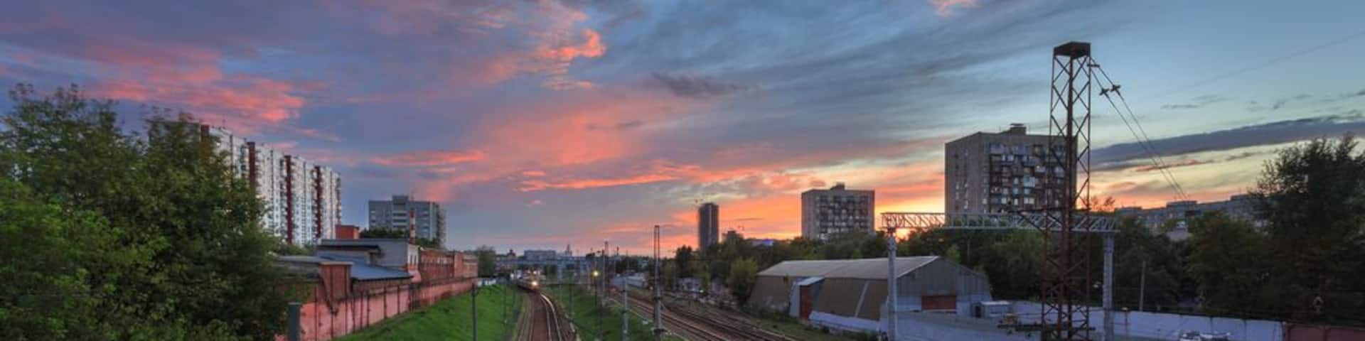 Maryina roshcha District, Moscow, Russia. A beautiful sunset over the railways. View from bridge; Shutterstock ID 478717210; PO: Hcom Destination Content neighborhoods; Client: Hotels.com; Other: Hcom