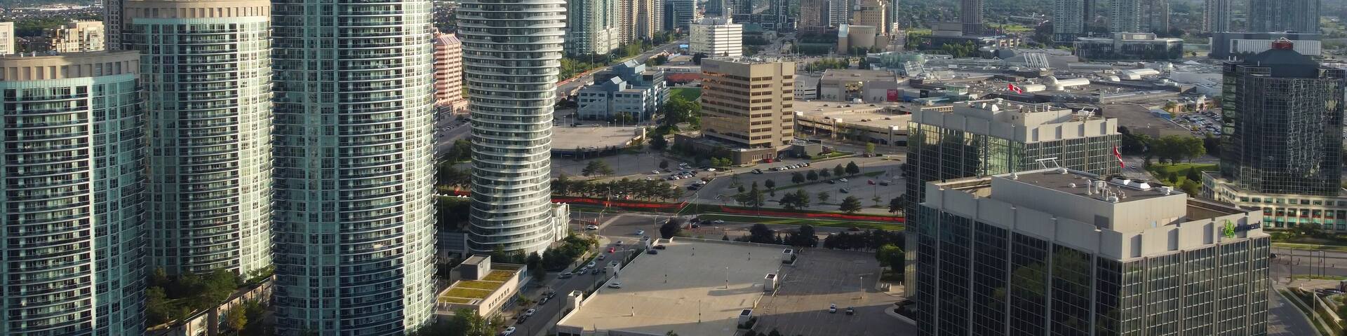 Downtown Mississauga, Ontario, Canada. The skyline as seen from an aerial view. Absolute buildings and Square One shopping mall.