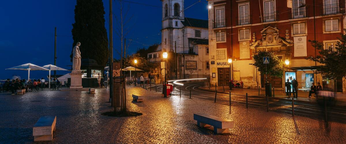 Lisbon Old Town which includes night scenes and a city