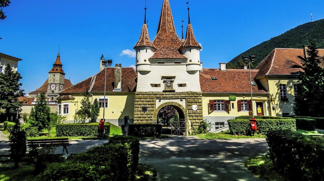 Catherine's Gate in Brasov, Romania. It was built by the Tailors’ Guild in 1559 for defensive purposes instead of an old gate destroyed by the flood in 1526. It is named after St. Catherine's Monastery that was situated there in former times. It is the only original city gate to have survived from medieval times. In fact the central tower is only a part of the original gate. Documents talk about the existence of a wooden structure which was demolished in 1827. The original structure can be seen at the Weaver's Bastion where the large model of Brasov in 1600 is displayed.