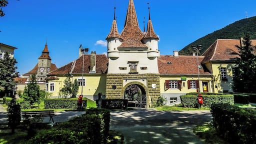 Catherine's Gate in Brasov, Romania. It was built by the Tailors’ Guild in 1559 for defensive purposes instead of an old gate destroyed by the flood in 1526. It is named after St. Catherine's Monastery that was situated there in former times. It is the only original city gate to have survived from medieval times. In fact the central tower is only a part of the original gate. Documents talk about the existence of a wooden structure which was demolished in 1827. The original structure can be seen at the Weaver's Bastion where the large model of Brasov in 1600 is displayed.