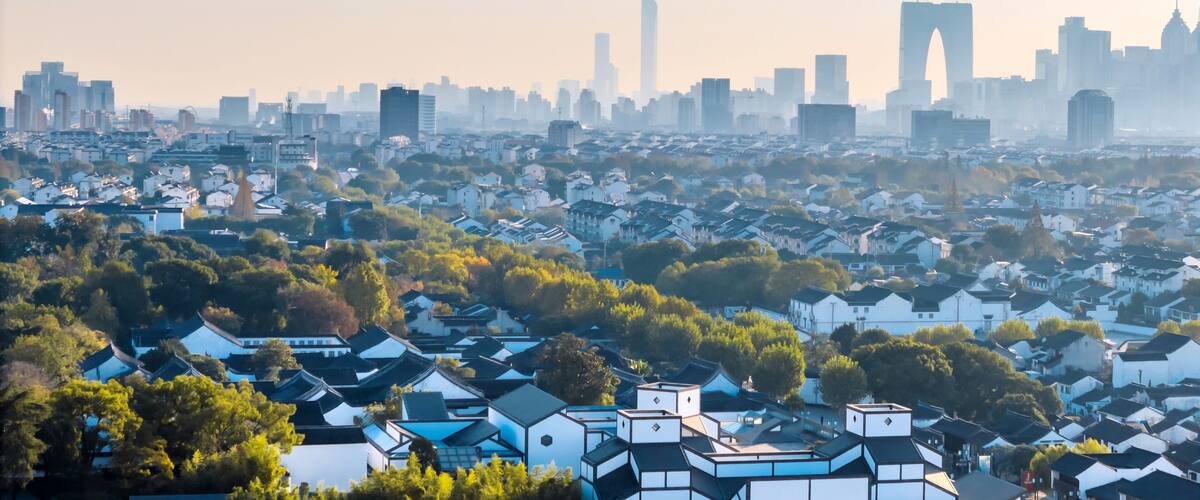 Aerial view of Suzhou Museum and Pingjiang Road in the old city of Suzhou, Jiangsu Province, China.