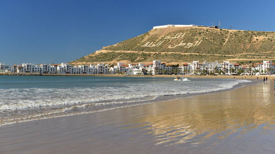 Agadir, Morocco, Africa. Beautiful beach with Oufella fort on the mount.