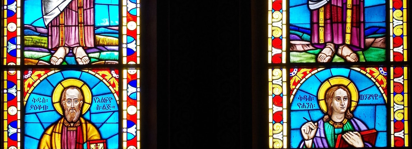 Stained glass window. Holy Trinity Cathedral, known in Amharic as Kidist Selassie, is the highest ranking Ethiopian Orthodox Tewahedo cathedral. Ethiopia, Addis Ababa
