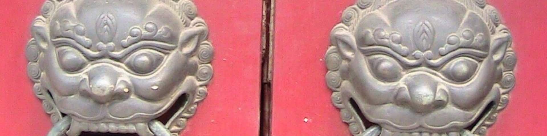 Close up view of the door knobs.