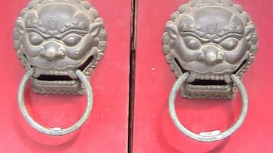 Close up view of the door knobs.