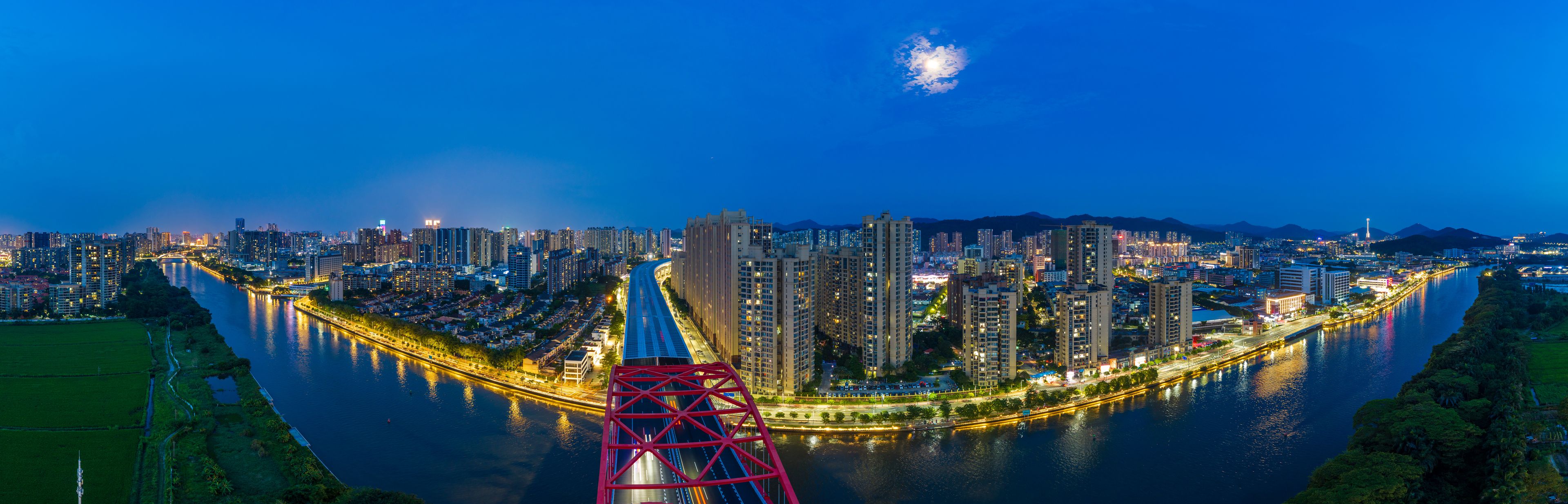 Aerial View of Qijiang River Bridge in Zhongshan City at Night, Guangdong Province, China