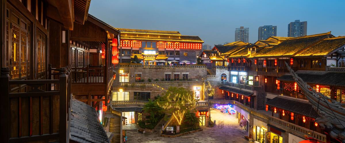 At night, the streets of Ciqikou Ancient Town are full of lanterns, Chongqing, China.Chinese translation:Happy New Year