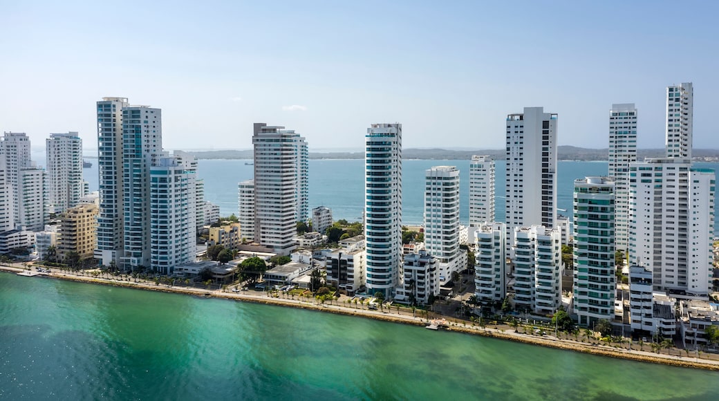 Aerial morning view of Castillogrande prestigious beach district in Cartagena city.