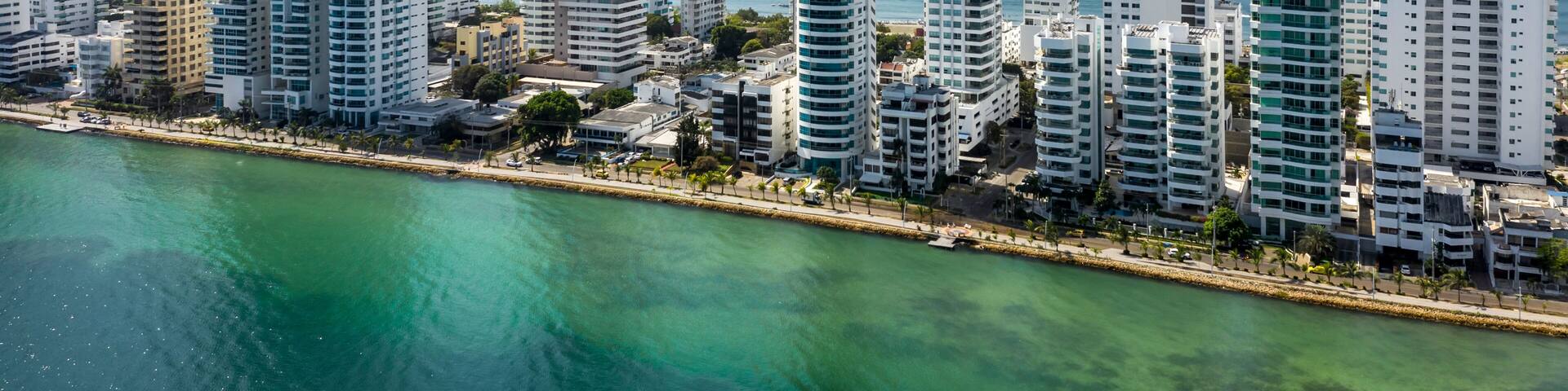 Aerial morning view of Castillogrande prestigious beach district in Cartagena city.