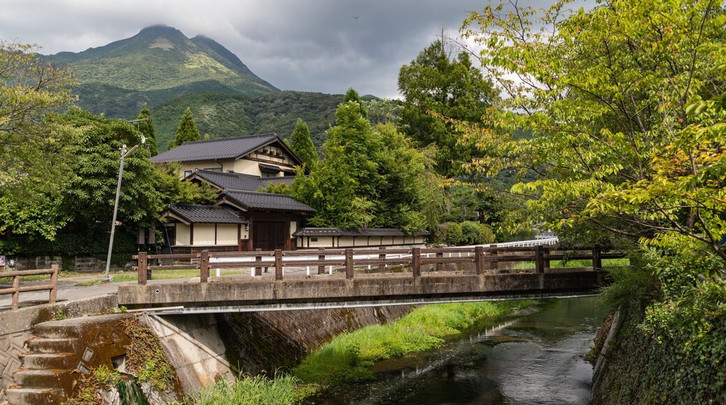 Yufuin Onsen showing a river or creek, a small town or village and a bridge