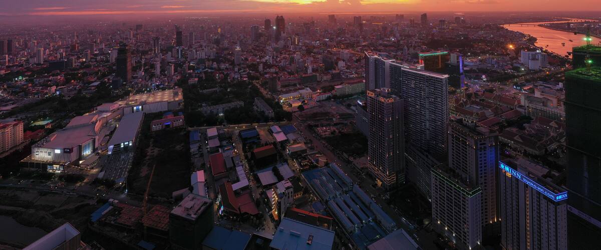 Phnompenh capital of Cambodia on the sunset with beautiful landscape by drone with Koh Pich island