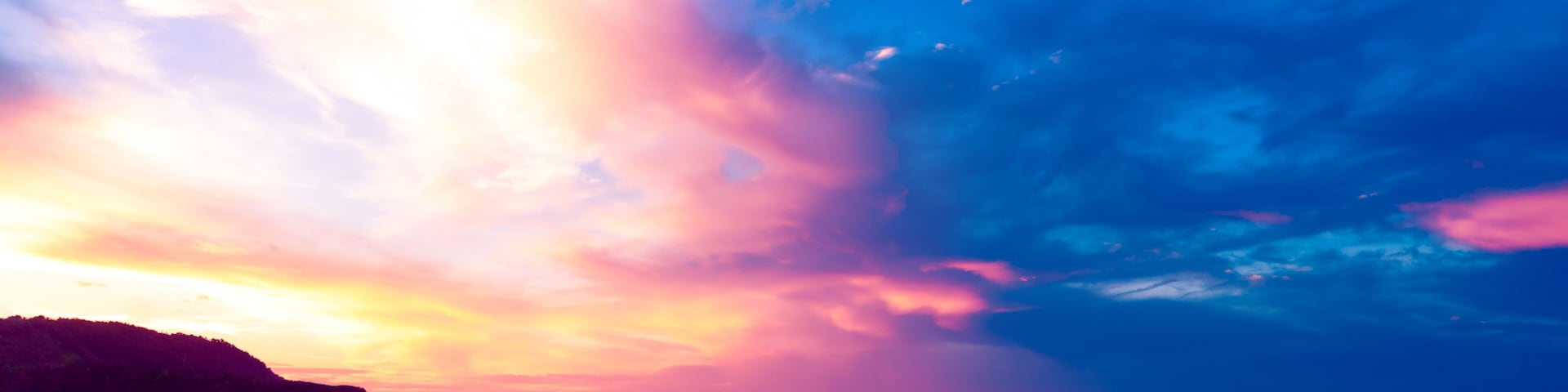 Chenghai Mountain, Weihai, Shandong, China, overlooking Donkey island Island Sunset Pink Sky.
