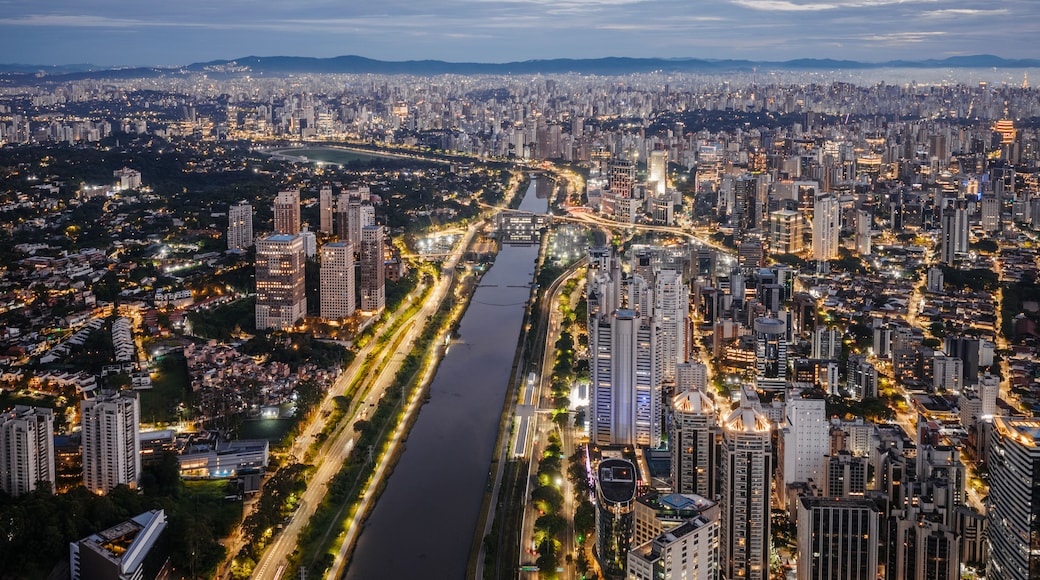 A panoramic view of a cityscape at dusk with a river running through the center, surrounded by high-rise buildings and illuminated streets.