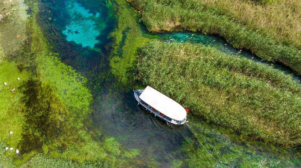 Turkey Akyaka Azmak River, Travel concept photo, landscape view from above with drone. Akyaka Kadin Azmagi. Akyaka is a seaside town in Mugla, Turkey.