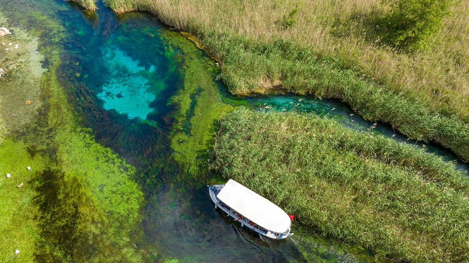 Turkey Akyaka Azmak River, Travel concept photo, landscape view from above with drone. Akyaka Kadin Azmagi. Akyaka is a seaside town in Mugla, Turkey.