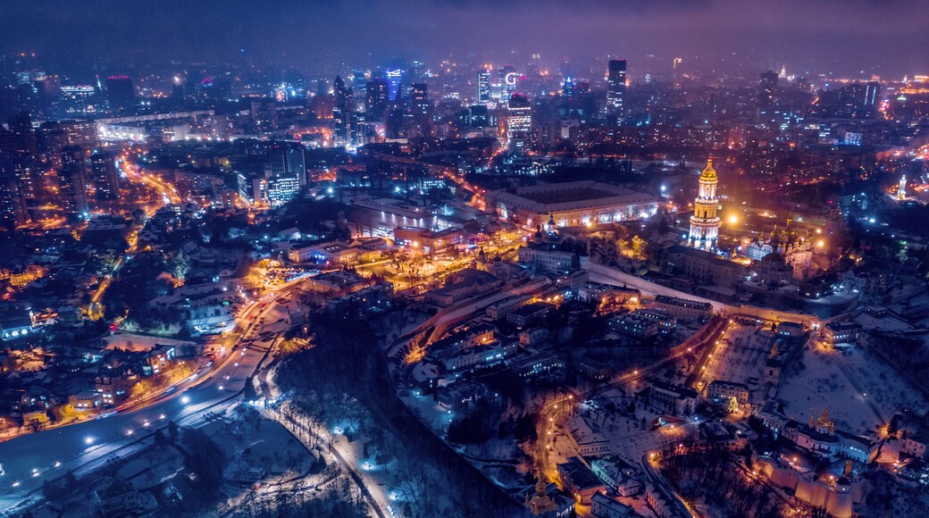 Spectacular nighttime skyline of a big city at night. Kiev, Ukraine