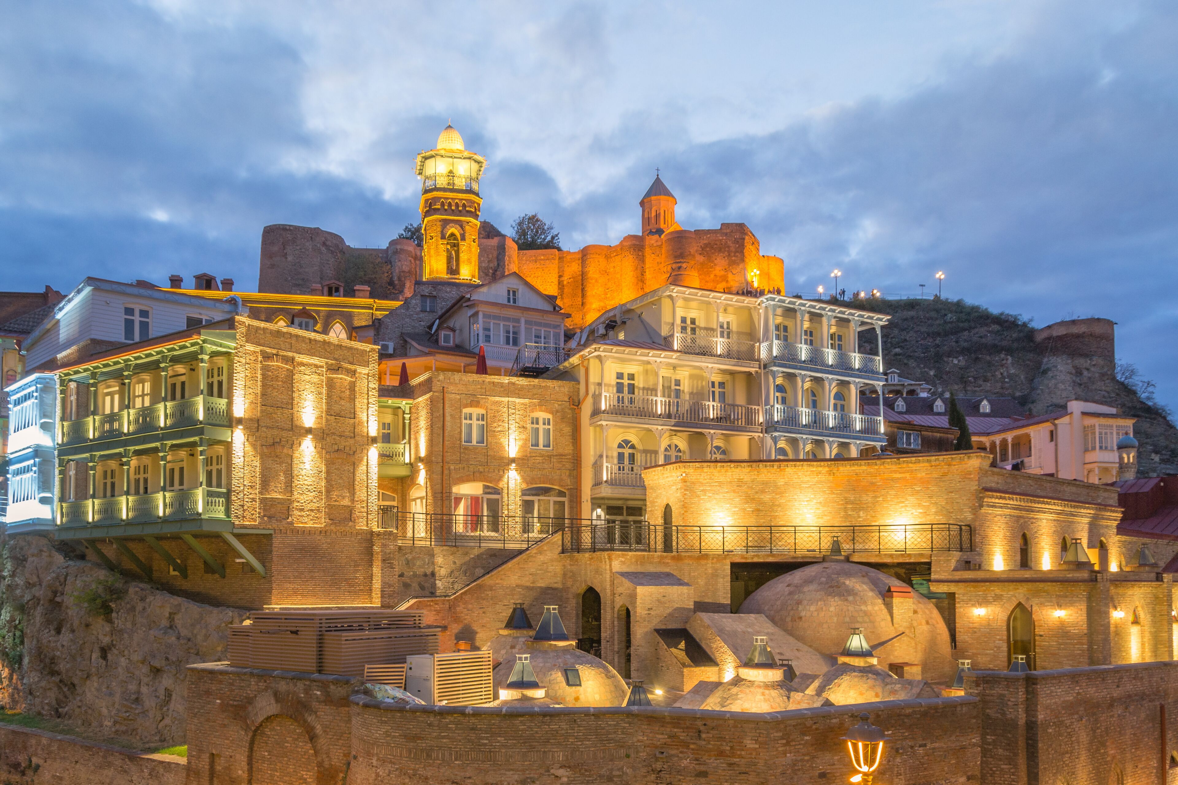 Evening view of Sulphur baths of old town district of Tbilisi, Georgia