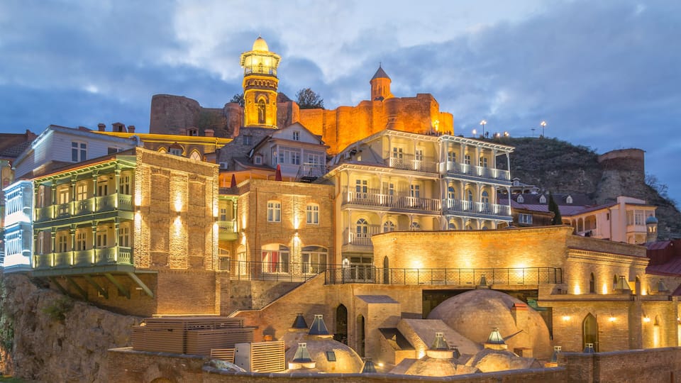 Evening view of Sulphur baths of old town district of Tbilisi, Georgia