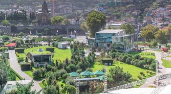 Metekhi Virgin Mary Assumption Church and Rike Park aerial timelapse. Tbilisi, Georgia.
