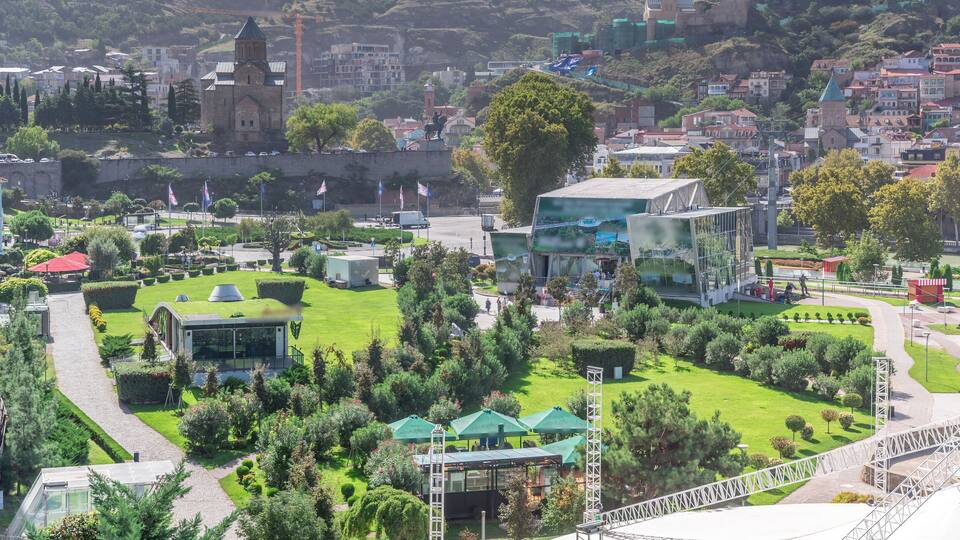 Metekhi Virgin Mary Assumption Church and Rike Park aerial timelapse. Tbilisi, Georgia.