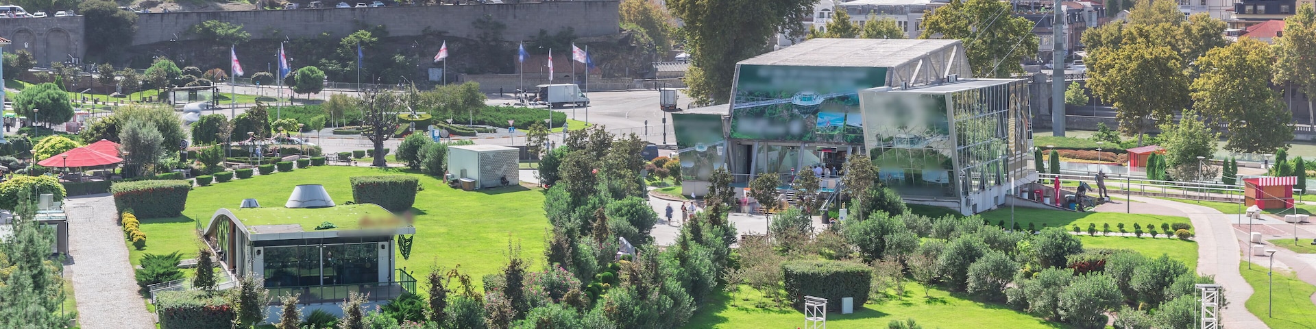 Metekhi Virgin Mary Assumption Church and Rike Park aerial timelapse. Tbilisi, Georgia.