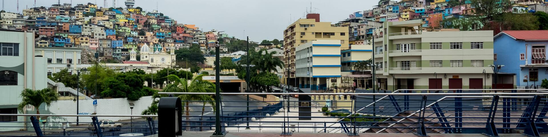 Cityscape from Malecón 2000, the boardwalk overlooking the Guayas River in Guayaquil, Ecuador's largest city and economic capital.